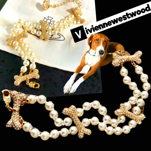 Vivienne Westwood Jewelry - VIVIENNE WESTWOOD BRACELET 🪐RARE DOG BONE GOLD TONE-CRYSTAL DOUBLE STRAND PEARL